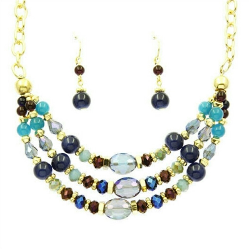 Blue beaded necklace & earring set NWT